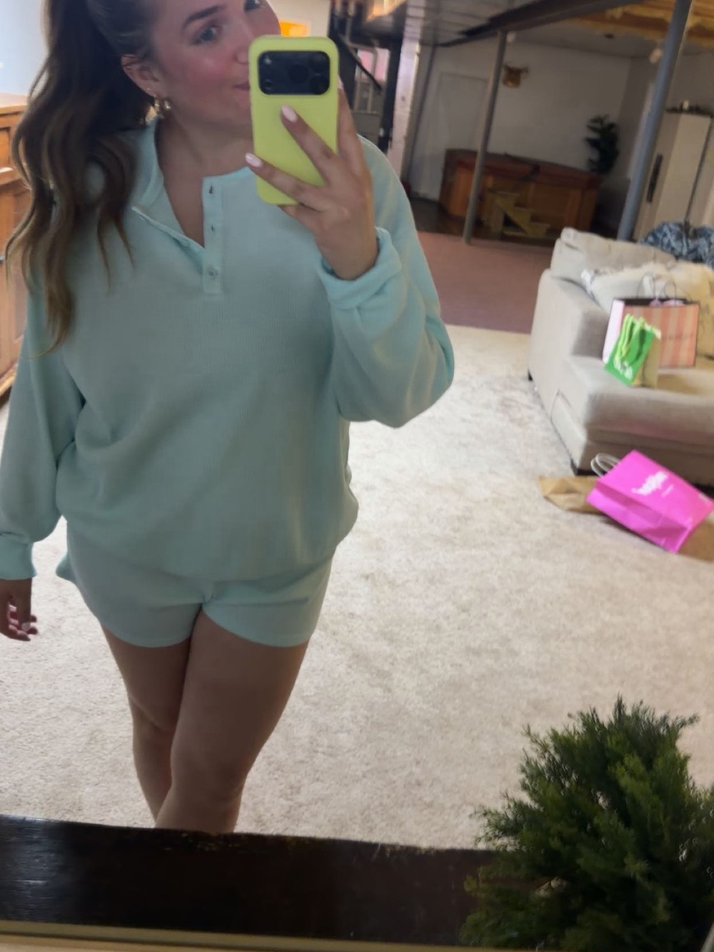 Edikted Mint Henley Lounge Top & Shorts